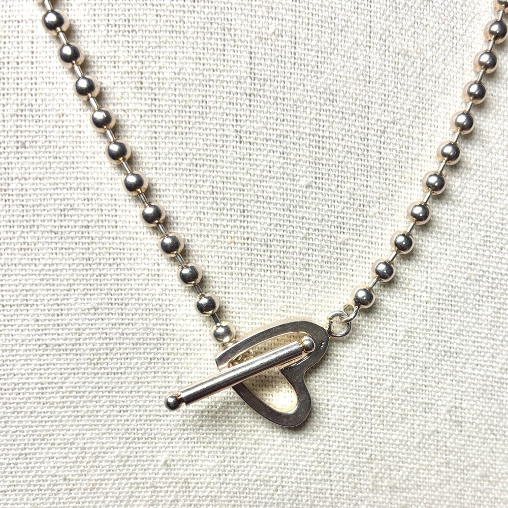 Ball Bead Chain Open Heart T-Bar Toggle Clasp Boule Silver Necklace Stamped - Picture 5 of 8